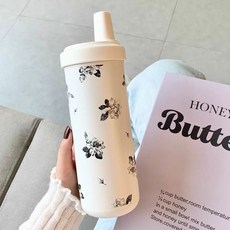 花卉藝術手繪保溫杯新款奶茶喝水車載冰霸杯, 1個, 1L, 梔子花:750ML