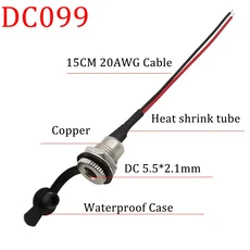 DC 099 전원 암 잭 어댑터 5 5x2 1mm 스레드 패널 마운트 소켓 커넥터 방수 캡 20AWG 10 cm 15 20cm, 02 15CM_01 1Pcs