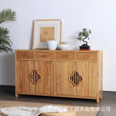 【椿嶼】新中式老榆木四門鞋櫃餐邊櫃 實木禪意儲物玄關櫃 北方風格靠墻櫃, 原木色