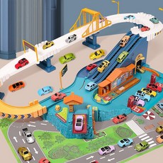 玩具軌道車 兒童軌道汽車大樓玩具益智小男孩4電動滑行3三歲生日禮物5停車場6, 1個, 【高速公路轨道】16小车+主题地图,【电池版】+螺丝刀