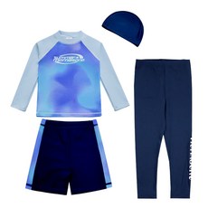 (4종구성) 오르웨인 UPF50+ 자외선 차단 나염 남아 래쉬가드 세트 키즈 수영복