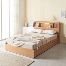 공간사이 로터스 LED 수납침대 프레임+ 독립스프링 매트리스, 오크