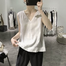 Qurora 大尺碼平口背心 V領棉麻寬松無袖上衣