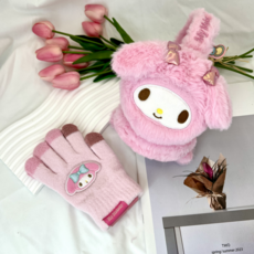 산리오 마이멜로디 겨울 방한 귀마개 장갑 세트 귀도리 스마트폰 터치 장갑 뽀글이 털 어린이 키즈