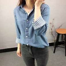 여성 순면 세로 스트라이프 클래식 칼라 셔츠