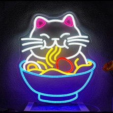 라면 고양이 네온사인 고양이 면 LED 음식 간판 밝기 조절 가능 애니메이션 행운의 조명 벽 장식 일본 레스토랑 바 주방용, [03] 32x38cm