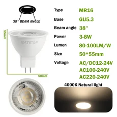 10PCS MR16 LED 스포트라이트 전구 GU5.3 Lampada AC 110V Bombillas 50W 할로겐 램프 교체 홈 Derection, 02 38 degrees 4000K, 01 AC100-240V, 03 8W