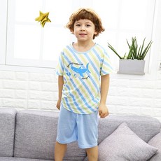 행복한쇼핑몰 남아용 무형광 린넨 쿨드라이 블루 상어 상하의 반팔 세트