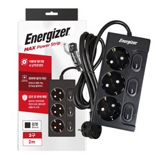 에너자이저 개별스위치 멀티탭 고용량 3구 납작플러그 과부하차단 16A, 1개, 블랙(개별스위치 3구), 2m