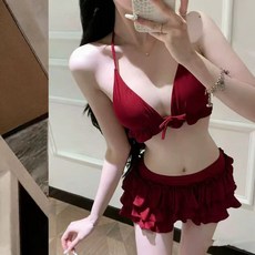 甜美少女三件套分体泳衣女性感辣妹比基尼小胸遮肉蛋糕裙温泉度假, M【體重80-92斤】
