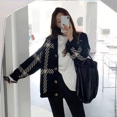 니트 심플 블랙 루즈핏 스트라이프 여성가디건 가디건