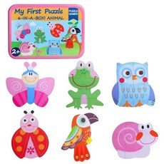 木製大塊配對拼圖鐵盒收納(可愛動物交通拼圖玩具 益智玩具 拼圖 早教 拼圖 木質拼圖 幼兒拼圖 初階拼圖), 昆蟲, 1個, 27片