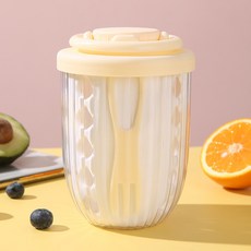 ins風便攜式果蔬沙拉杯食品級自帶叉子便攜沙拉杯高顏值瀝水果杯, 1個, 檸檬黃:601-700ml