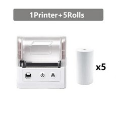 미니 포켓 열전사 영수증 프린터 모바일 휴대용 티켓 빌 무선 블루투스 USB 열전사 POS 프린터 PC 안드로이드 IOS 58mm, White 5Rolls
