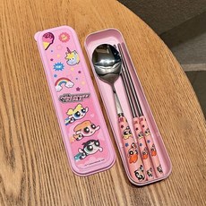 不鏽鋼餐具套裝可愛卡通設計, 1個, 飛天小女警304不鏽鋼,【三件套】勺子+筷子+彩繪收納盒