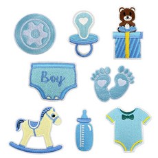 베이비샤워 소품 의류 리폼 스티커 열접착식 자수 패치 와펜 8종 세트 E145, 8개, 블루