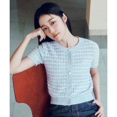 LEE 우먼 라운드넥 트위드 가디건 스카이 블루