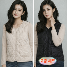 네이처핏 여성 간절기 얇은 퀄팅 패딩조끼 경량 베스트 슬림 2종 세트