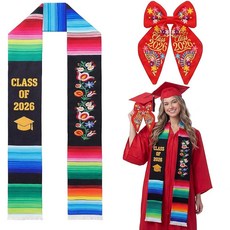 Crowye 2PCS Mexican Graduation Sash Class of 2026 Set - Embroidery Stole Scarf and Bow with Hair C