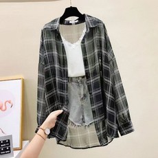 Qurora【快速出貨】格子薄外套 夏季防曬衣女 雪紡襯衫外套 薄外套女 休閑 防曬外套 韓版百搭薄款外套 格子襯衫女