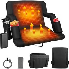 2만 미터 높이의 등받이가 있는 블리처스용 열선 스타디움 시트아 배터리 3단계 난방 의자 6개의 기울어진 자세 3포켓 휴대용 방수2025인치, 20 Inch, Black 1 Pcs