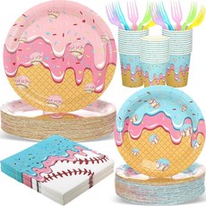 Remerry 240피스 아이스크림 드립 야구 파티 용품 일회용 식기 키트 플레이트 냅킨 포크 컵 포함 스포츠 생일 베이비 샤워 장식용, 24