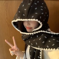 笑臉印花蕾絲連帽圍巾 秋冬保暖針織圍脖