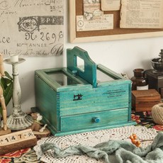 원목 반짓고리 바느질함 바늘 가정용 보관함 공방 세트 전통 케이스 자수 바느질세트 뜨개질, 블루 투도어 우드 케이스, 1개