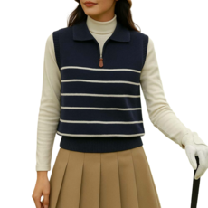 레크레아 여성골프조끼 스트라이프 니트조끼 반집업 베스트