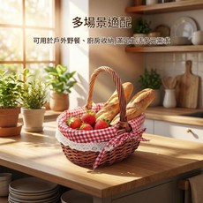 柳編手提籃野餐籃, 棕色筐無蓋紅白格內襯, 1個