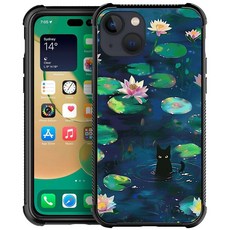 DJSOK 아이폰 14 H 닌자 도그 호환 케이스 네 모서리 충격 방지 보호 소프트 TPU 범퍼 및 하드 PC 패턴 백 케이스 아이폰 14용, 고양이 연꽃, 1개