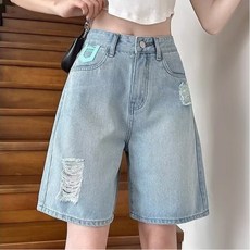 SAHINER 여성 하이웨스트 데님 워싱 찢어진 5부 반바지 캐주얼 데일리 BDK46