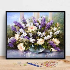 【TangZhen】유화그리기 유화그리기세트 디지털 유화 diy 남자 여자 아이 수제 창의 심플한 리넨 만화 색칠 방 거실 색칠 장식 그림, 162 라벤더 꽃, 40*50cm 내장 2.5 두께(색천), 1개