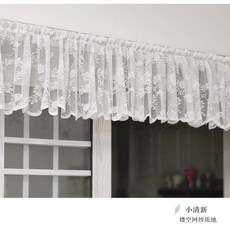 蕾絲網紗短簾 波浪邊裝飾簾, 小玫瑰花穿杆款 不帶杆子 ,平鋪寬100cm*高30cm