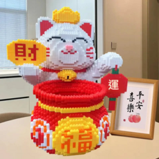 小馬當當 招財貓造型積木 益智拼插 擺件 新福袋 送積木錘, 43*38*28cm財運招財貓 送積木錘, 1個