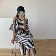 條紋長款連衣裙 過膝韓式修身