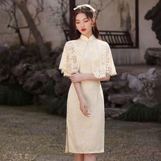 改良版夏季年輕款少女旗袍連衣裙 外搭披肩+旗袍兩件套