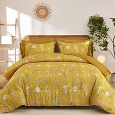 Yiran Sage Green 히비스커스 꽃무늬 이불 세트 퀸 사이즈 7피스 새 꽃 보태니컬 침구 가방에 담긴 빈티지 침대 부드러운 극세사 컴플리트 사계절용 시트 포함 1833, 옐로우