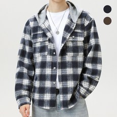 HANYO 남성 캐주얼 오버핏 클래식 포켓 체크 후드남방 긴팔 셔츠
