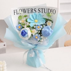 FLOWERS STUDIO 手工針織花束 毛線編織玫瑰向日葵 附贈精美禮袋與燈串, 藍色, 1個