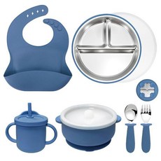 兒童食品級不鏽鋼硅膠餐具組 防摔圍兜 吸盤碗 附蓋吸管杯 勺叉, 密封保鮮環保食品級硅膠內膽304海藍, 1個