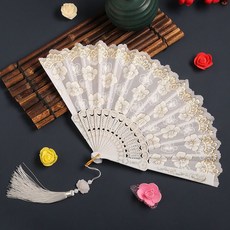 DFMEI 古風摺扇夏天女中國風漢服旗袍蕾絲舞蹈扇子隨身便攜流蘇摺疊扇子, 1個, 櫻花摺扇【白金色】無贈品:如圖