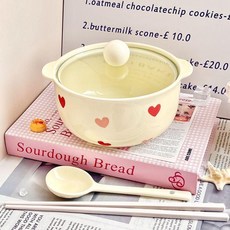 心陶瓷麪碗雙耳帶蓋高顏值釉下彩防燙家用宿舍麪碗, 泡麪碗奶油愛心4件套 碗+蓋+勺+筷