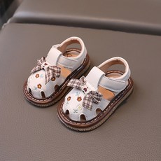 《寶貝不無聊》格紋蝴蝶結涼鞋 叫叫鞋 啾啾鞋 凉鞋學步鞋 包頭軟底 防滑1 2 3歲寶寶