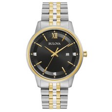 Bulova 남성용 드레스 클래식 다이아몬드 시계 3핸드 날짜 쿼츠 시계 스테인리스 스틸 팔찌 41mm 투톤 로즈/버건디 다이얼 클래식, Two-Tone Gold/ Black Dial