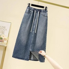 여성용 하이웨스트 A라인 청치마 데일리 빈티지 캐주얼 트임 허리밴딩 데님 스커트 NZD127