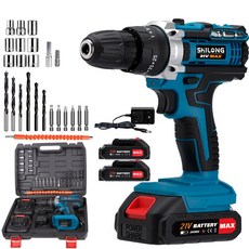 SHILONG 21V 가정용 다용도 전동드릴 35N 빅토크해머드릴무선 가정용전동드라이버 임팩트드릴 해머전동드릴 배터리 2개 2000mah세트 풀세트 파란색, 1세트