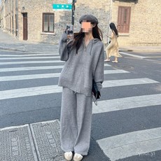 灰色慵懶風連帽時尚套裝女2024秋冬新款加厚寬鬆闊腿褲衛衣大學T兩件套 - 防寒保暖冬季潮流套裝
