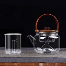 看見 豎紋玻璃煮茶壺 雙內膽設計 附蒸茶器, 胡桃木平蓋提樑壺茶器-平光