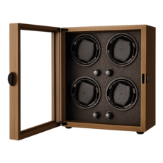 J&Bella 木質四錶位自動上鍊錶盒 手錶盒 上鍊器 搖錶器 收納盒 展示盒 收藏盒 儲物盒 禮物盒, 木色, 1個